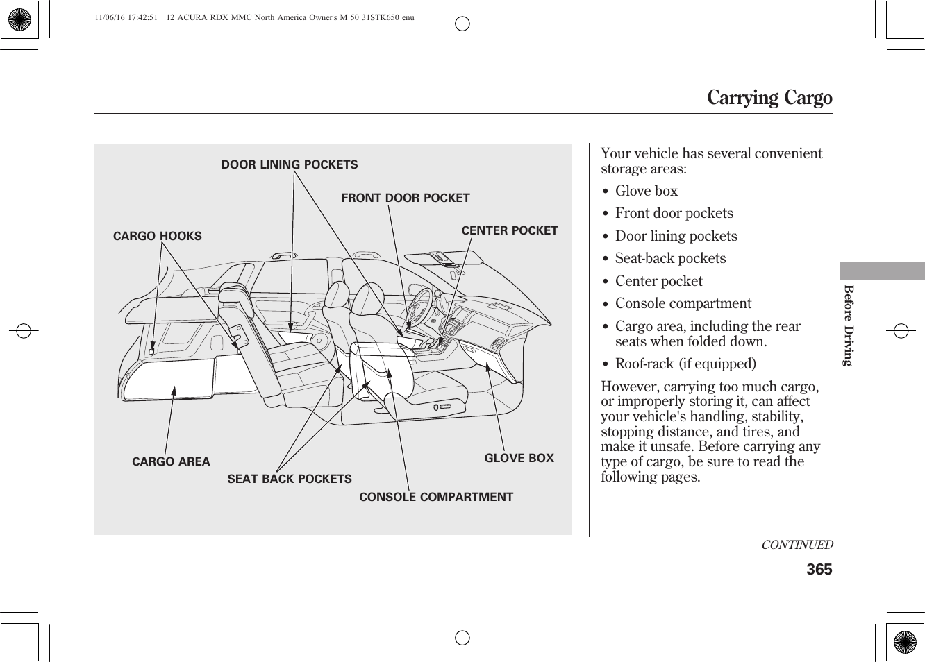 Carrying cargo | Acura 2012 RDX User Manual | Page 371 / 518