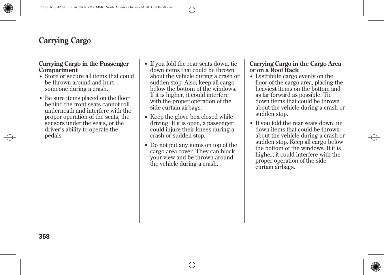 Carrying cargo | Acura 2012 RDX User Manual | Page 374 / 518