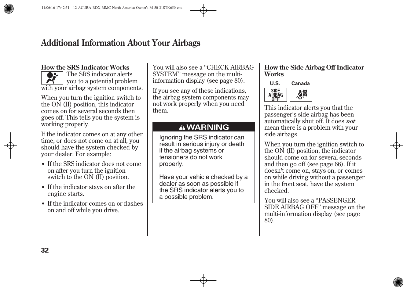 Additional information about your airbags | Acura 2012 RDX User Manual | Page 38 / 518