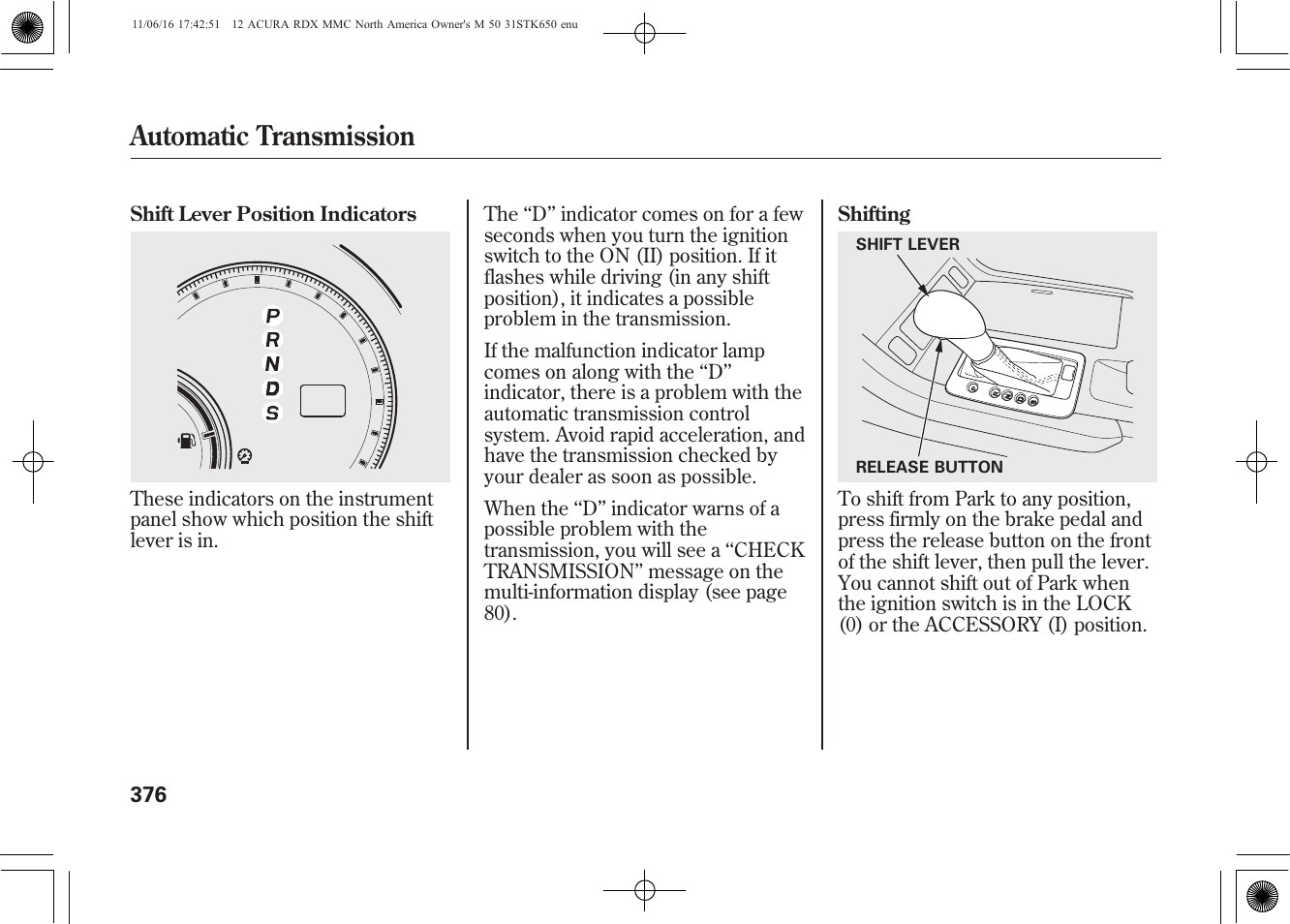 Automatic transmission | Acura 2012 RDX User Manual | Page 382 / 518