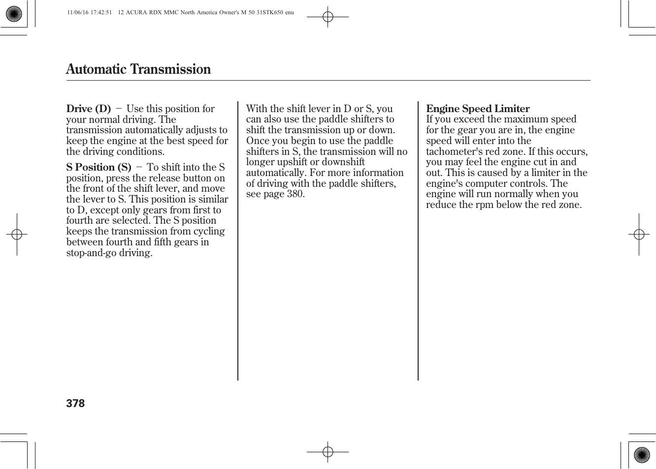 Automatic transmission | Acura 2012 RDX User Manual | Page 384 / 518