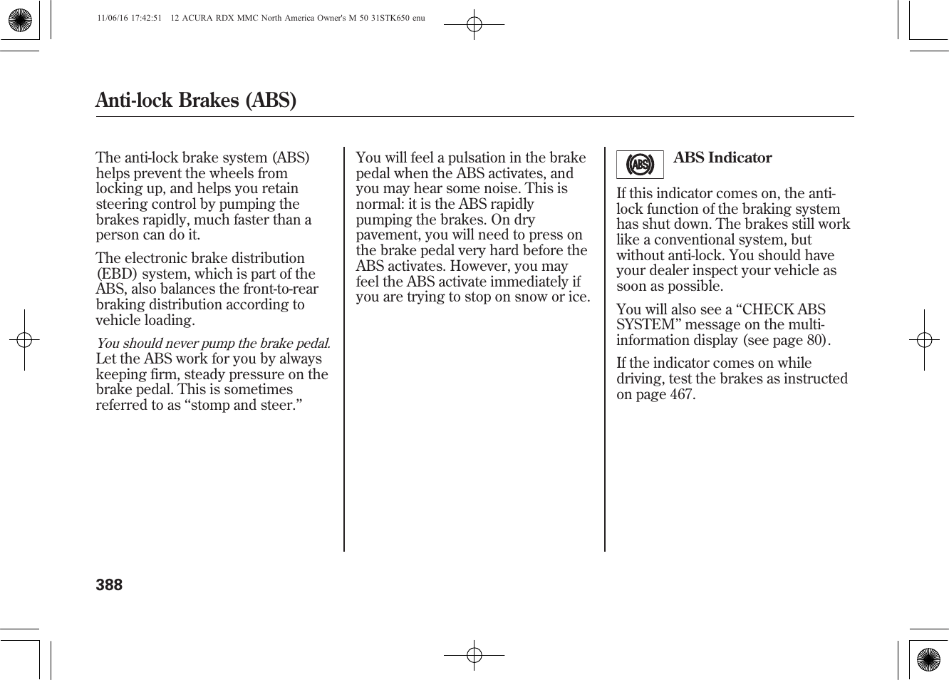 Anti-lock brakes (abs) | Acura 2012 RDX User Manual | Page 394 / 518