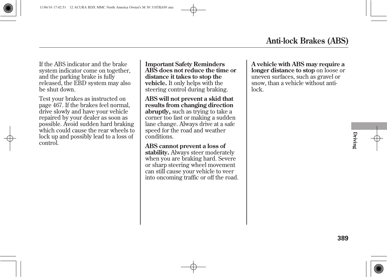 Anti-lock brakes (abs) | Acura 2012 RDX User Manual | Page 395 / 518