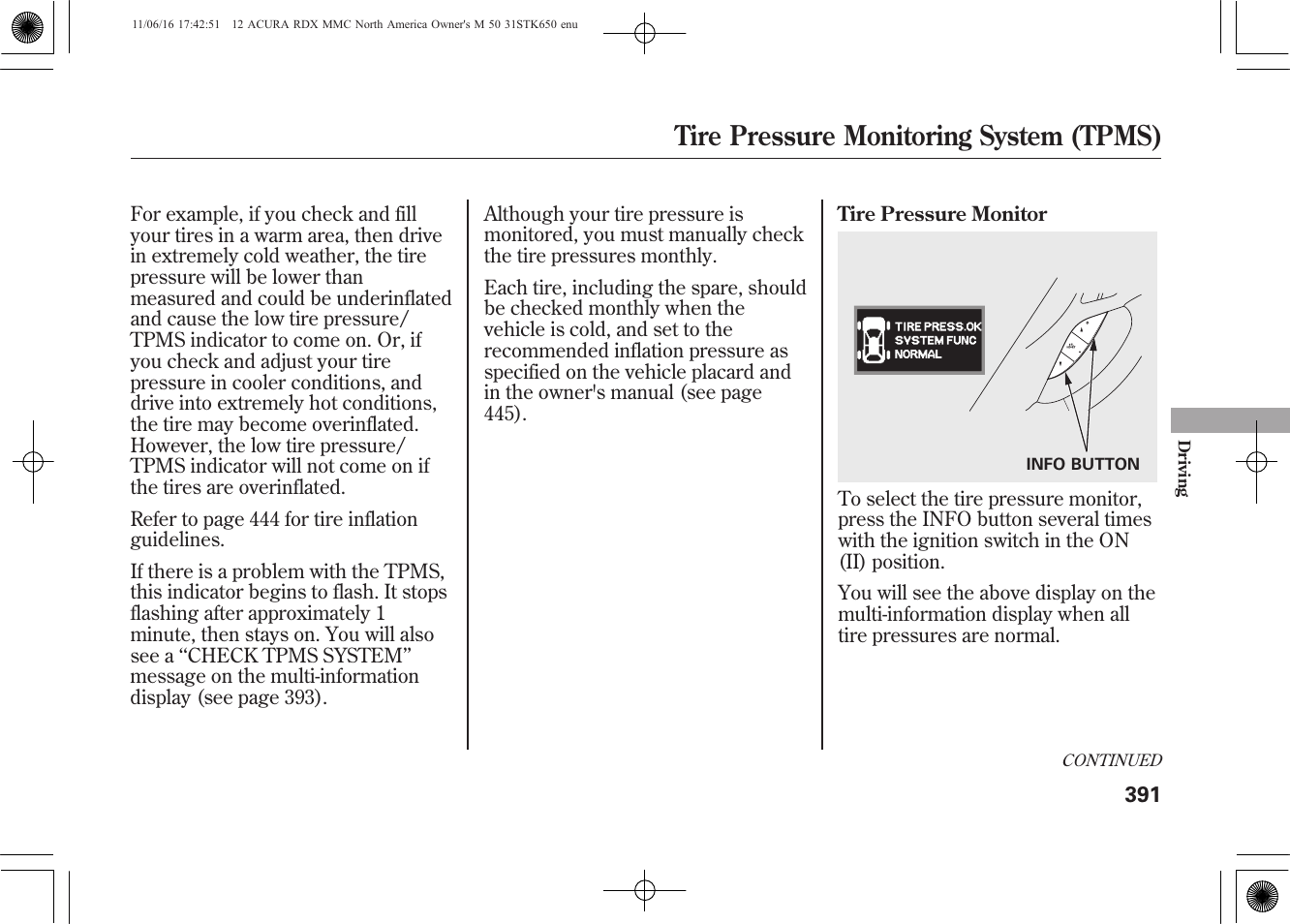 Tire pressure monitoring system (tpms) | Acura 2012 RDX User Manual | Page 397 / 518
