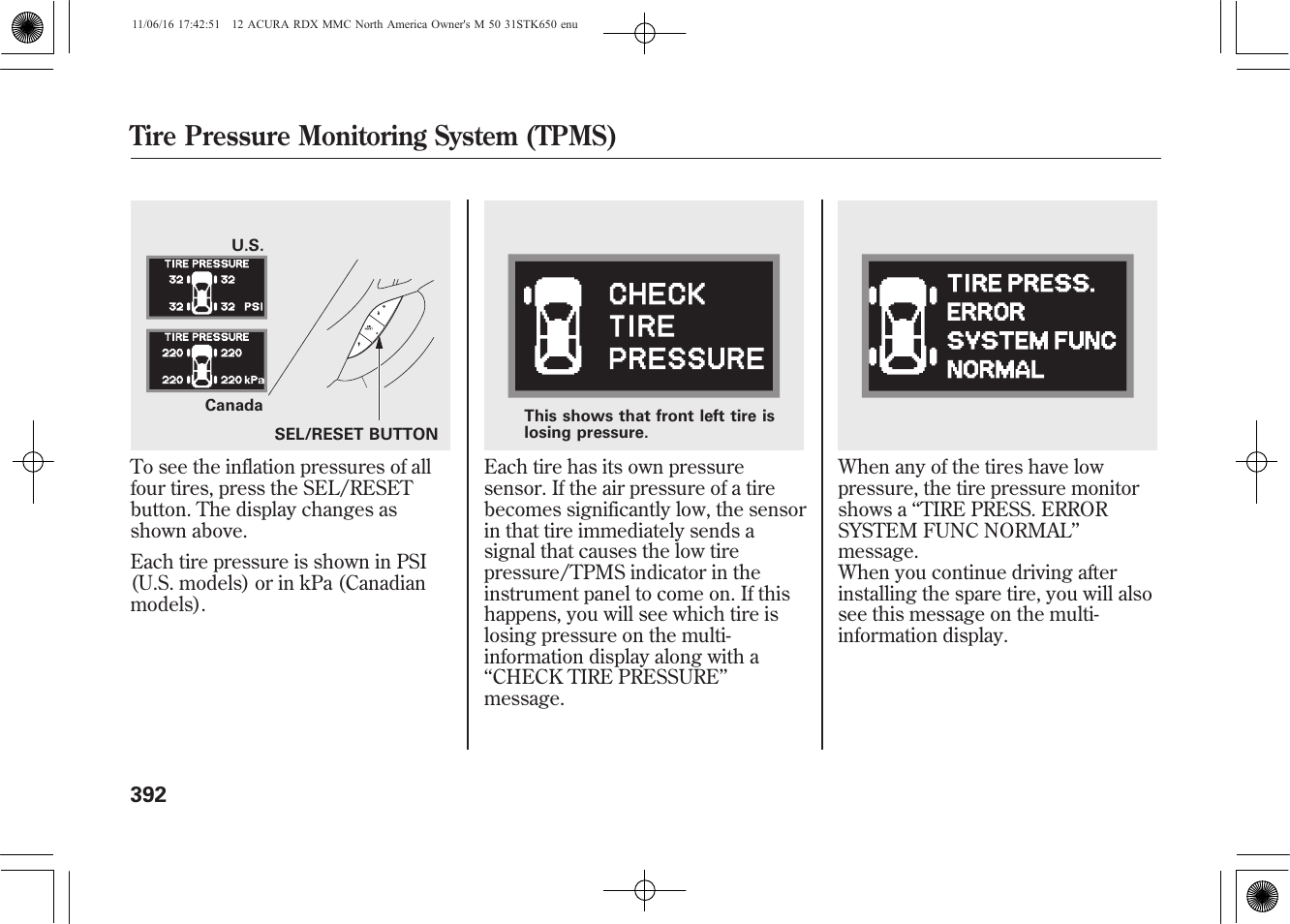 Tire pressure monitoring system (tpms) | Acura 2012 RDX User Manual | Page 398 / 518