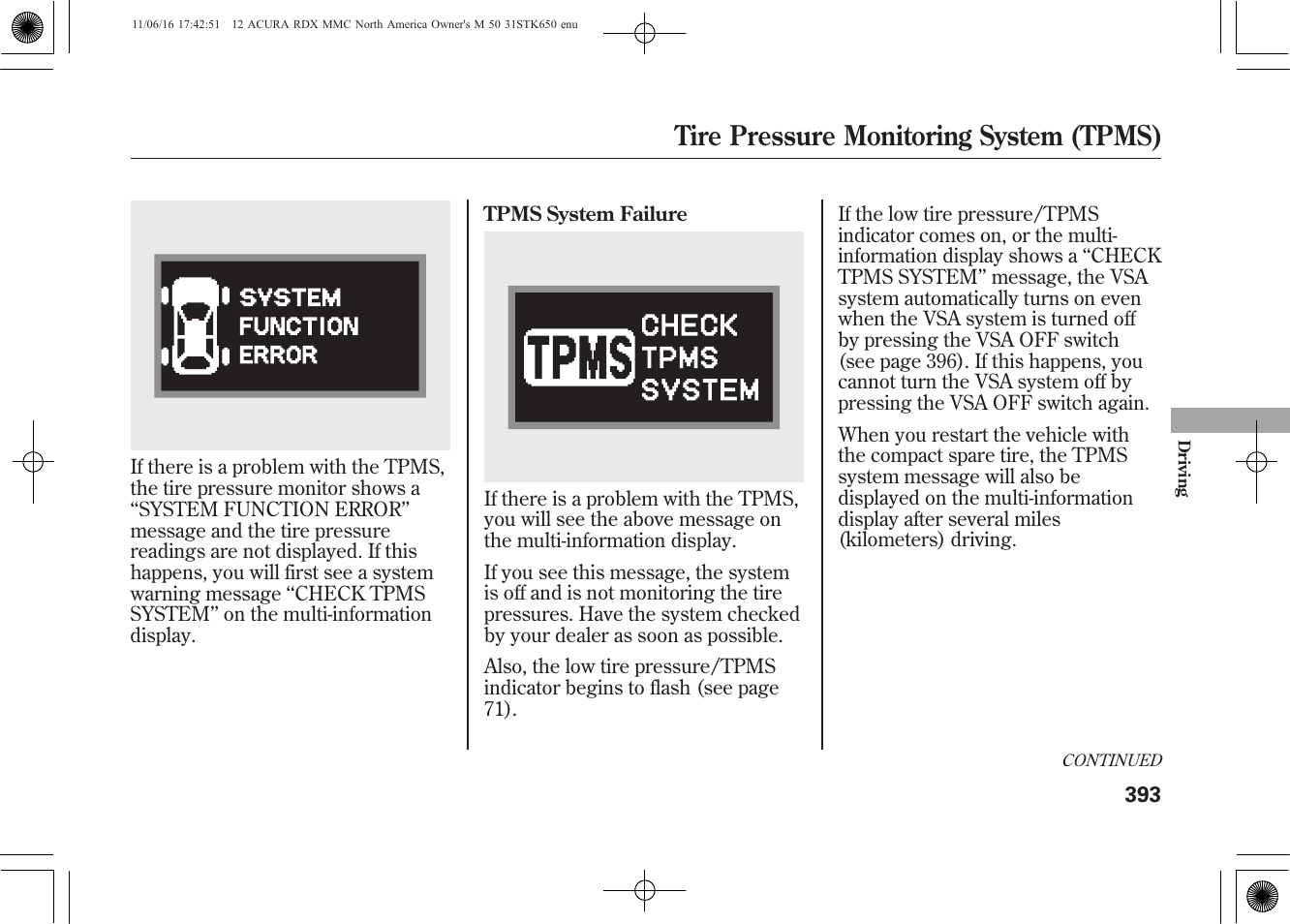 Tire pressure monitoring system (tpms) | Acura 2012 RDX User Manual | Page 399 / 518