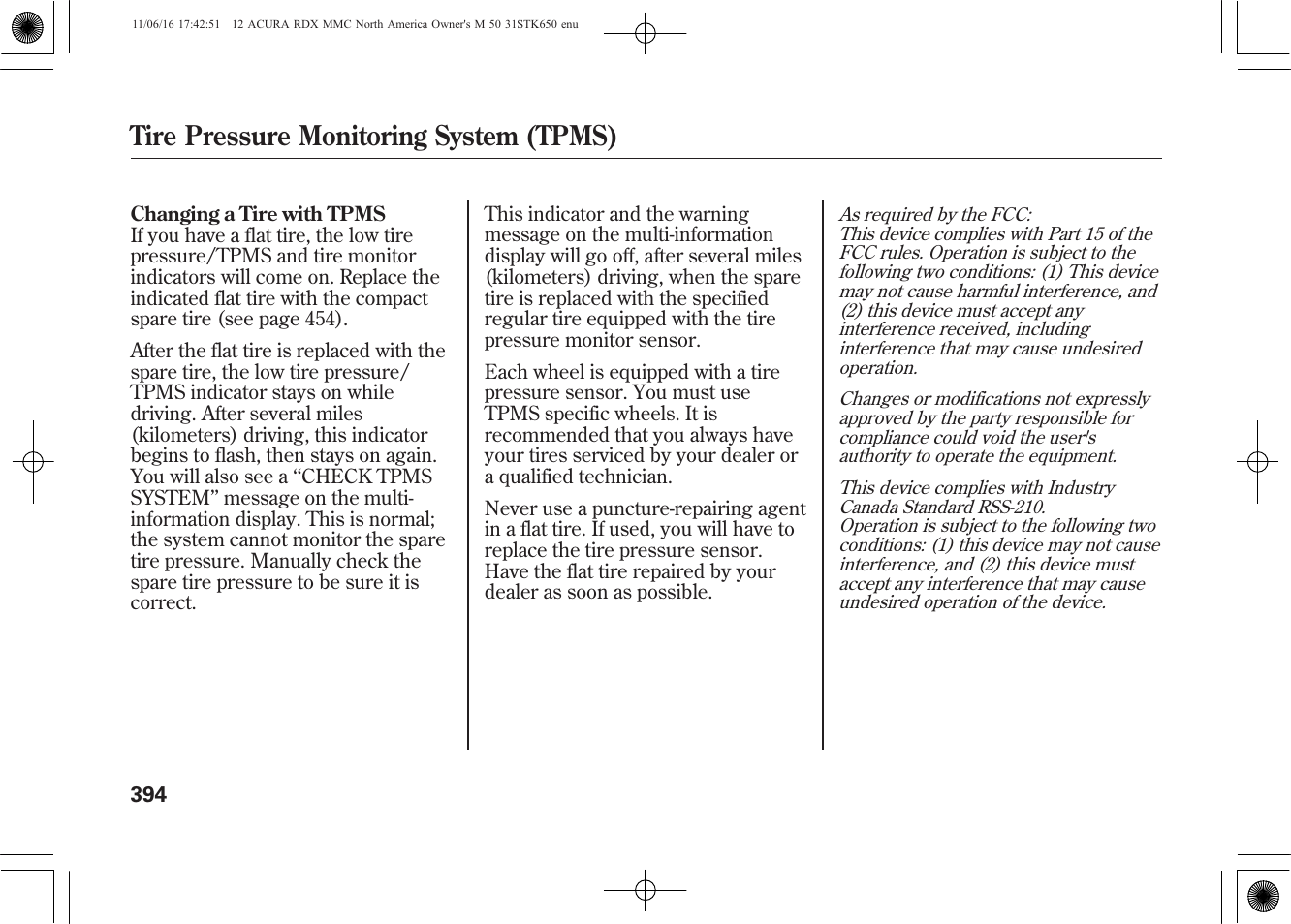 Tire pressure monitoring system (tpms) | Acura 2012 RDX User Manual | Page 400 / 518