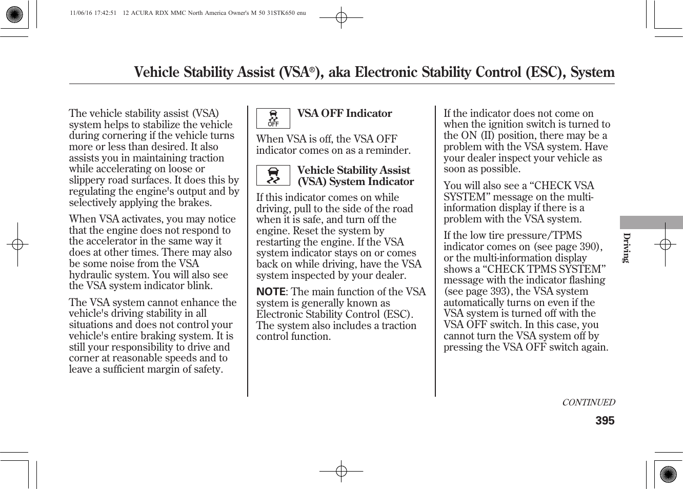 Vehicle stability assist (vsa, Aka electronic stability control (esc), system | Acura 2012 RDX User Manual | Page 401 / 518