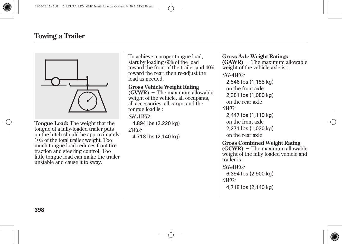 Towing a trailer | Acura 2012 RDX User Manual | Page 404 / 518