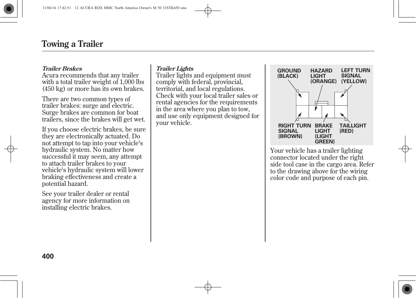 Towing a trailer | Acura 2012 RDX User Manual | Page 406 / 518