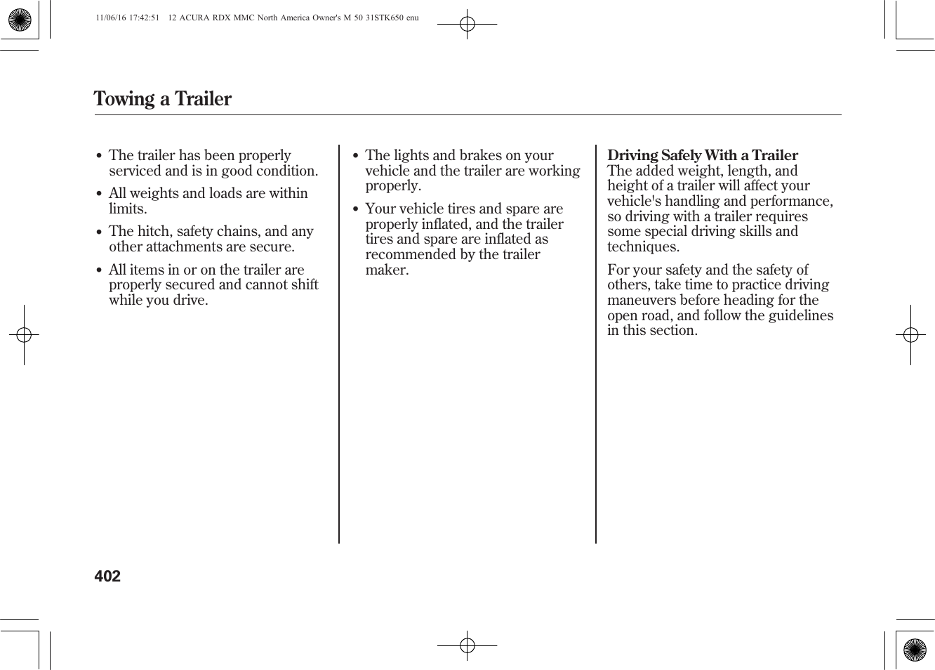 Towing a trailer | Acura 2012 RDX User Manual | Page 408 / 518