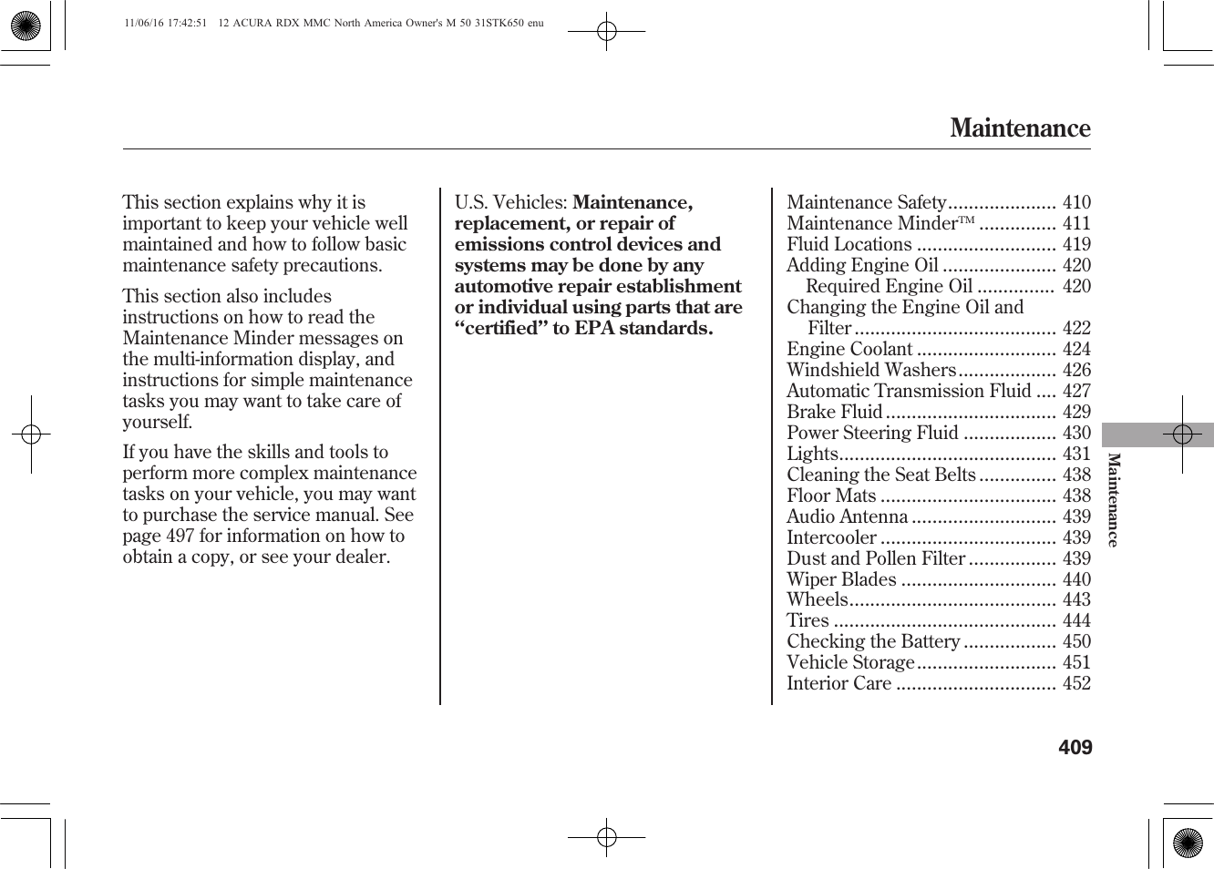 Maintenance | Acura 2012 RDX User Manual | Page 415 / 518