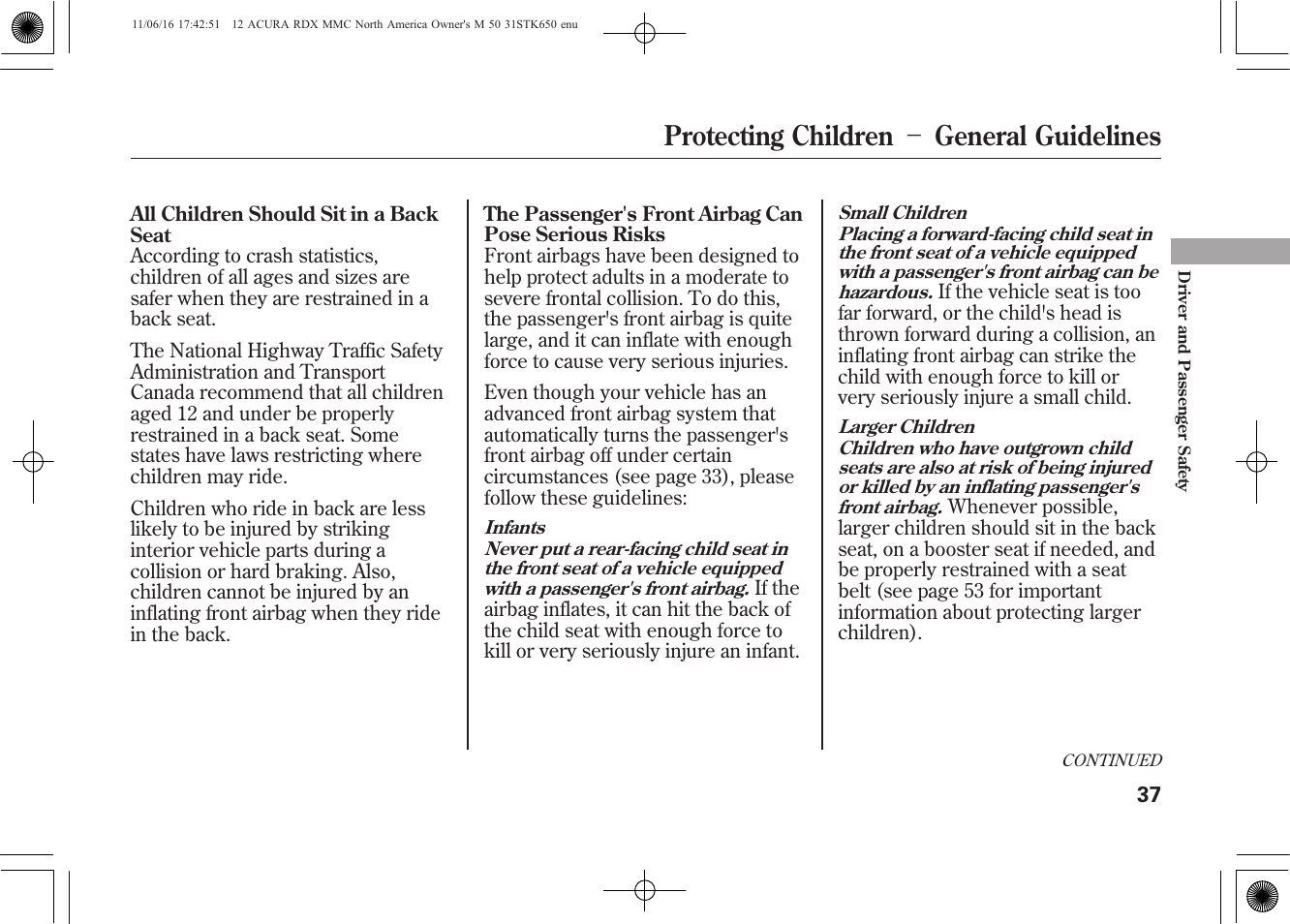 Protecting children － general guidelines | Acura 2012 RDX User Manual | Page 43 / 518
