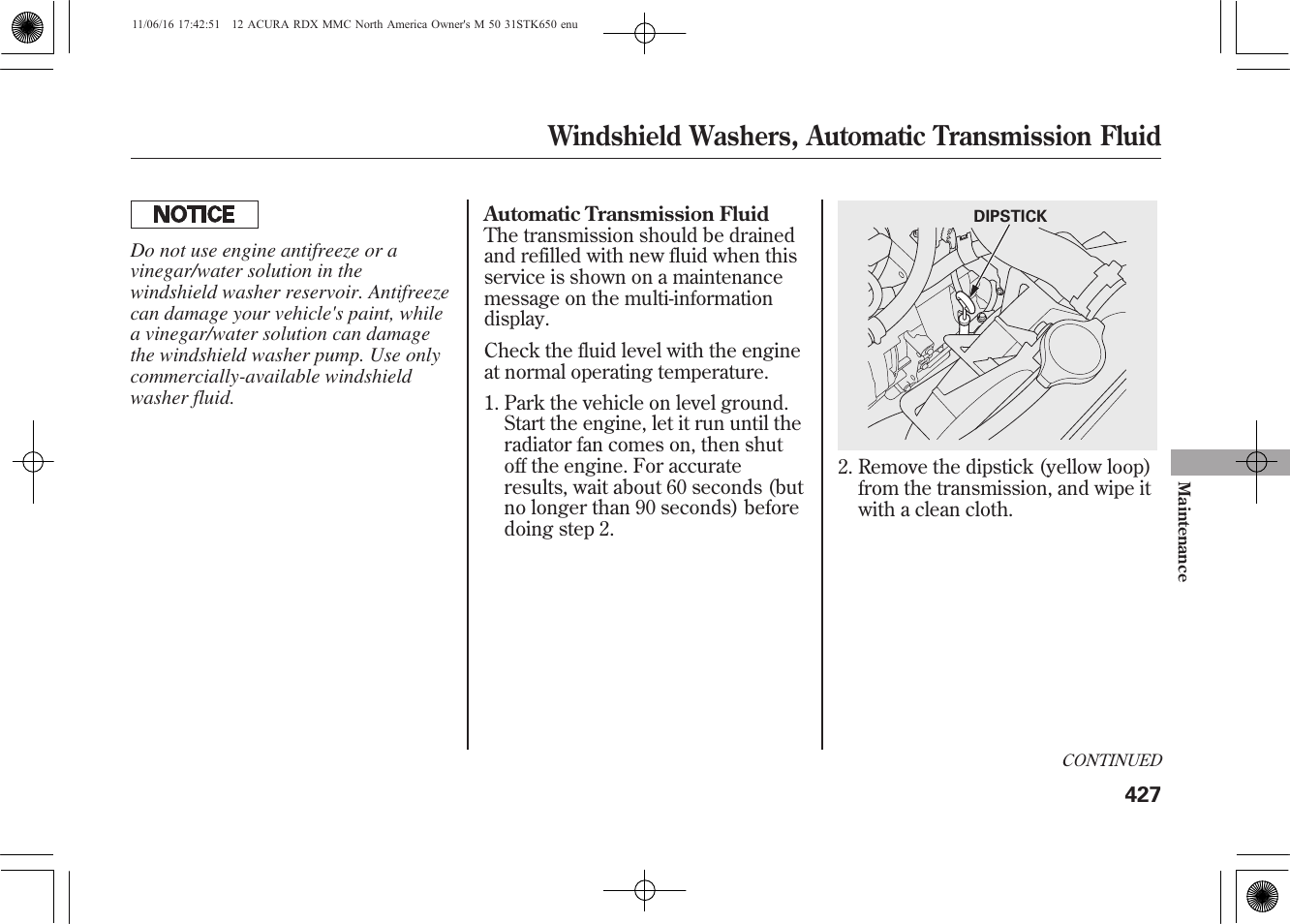 Windshield washers, automatic transmission fluid | Acura 2012 RDX User Manual | Page 433 / 518