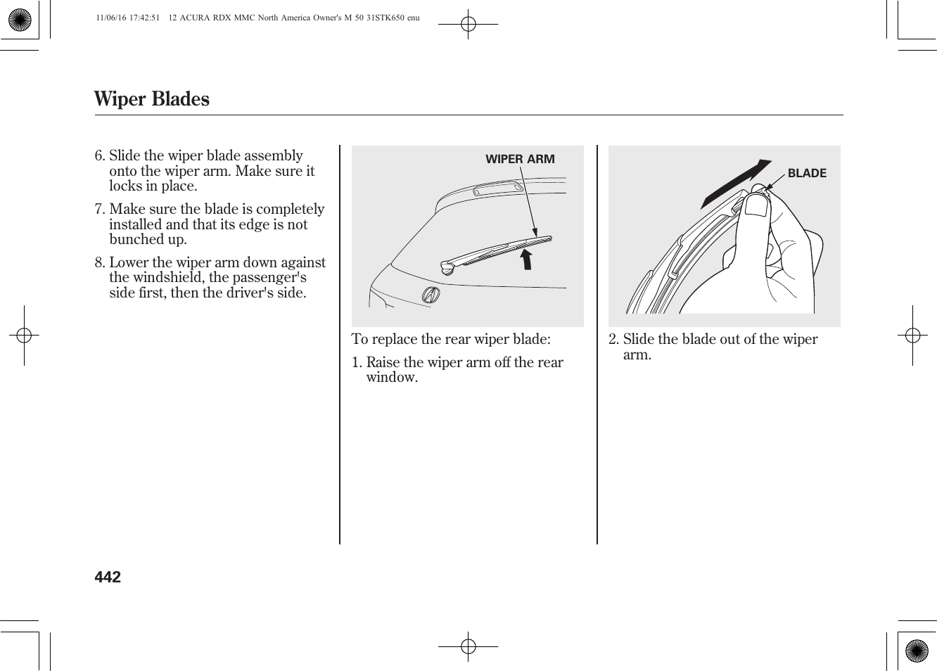 Wiper blades | Acura 2012 RDX User Manual | Page 448 / 518