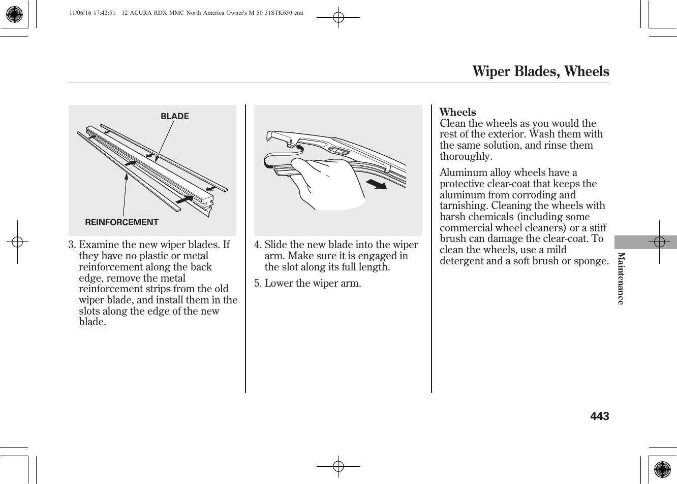 Wiper blades, wheels | Acura 2012 RDX User Manual | Page 449 / 518