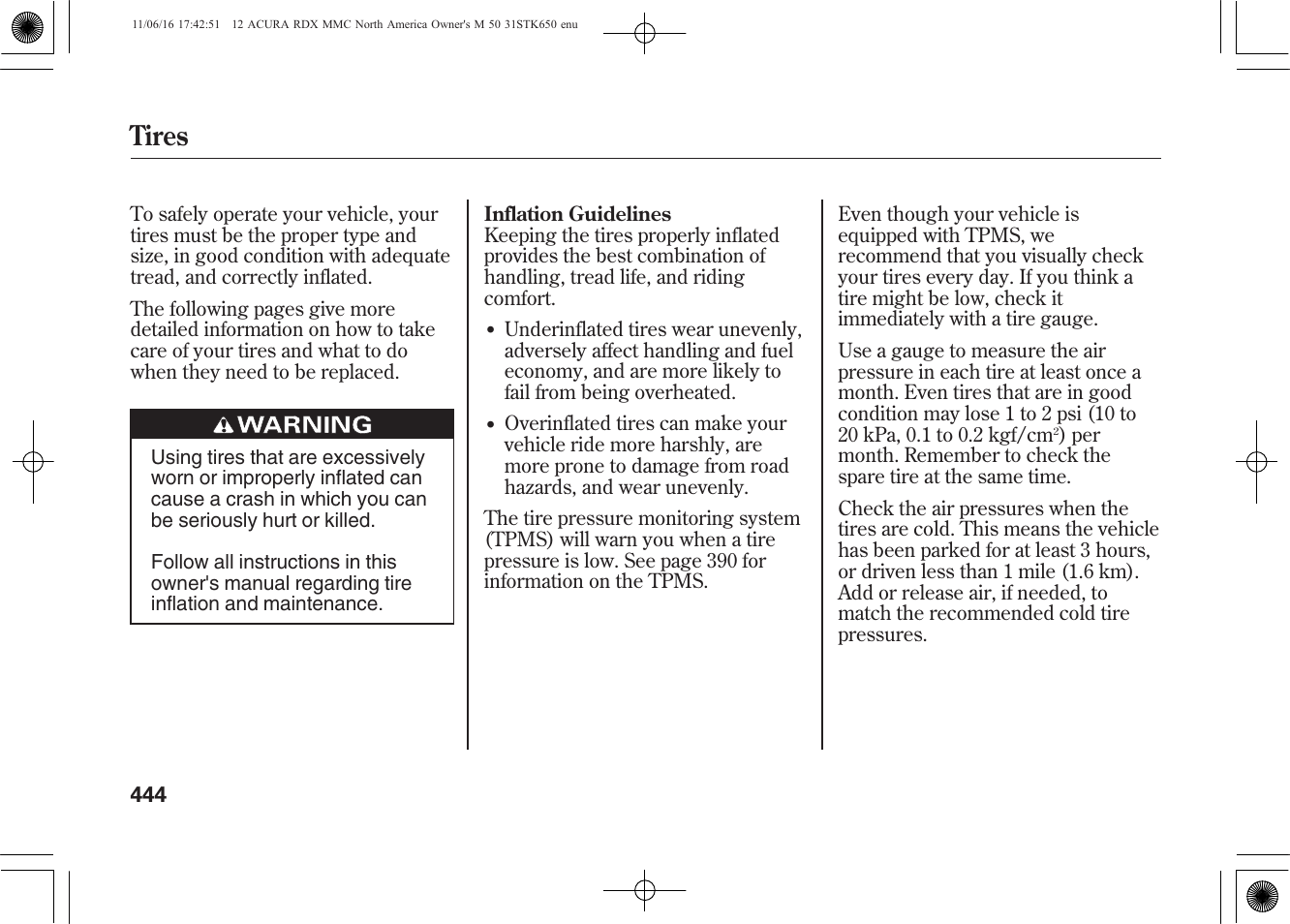 Tires | Acura 2012 RDX User Manual | Page 450 / 518