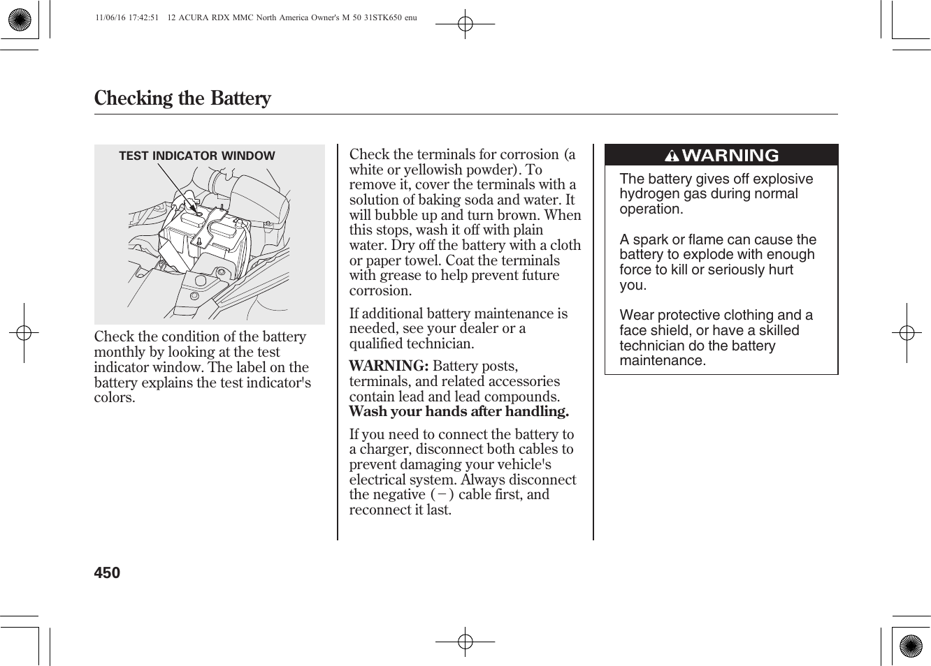 Checking the battery | Acura 2012 RDX User Manual | Page 456 / 518