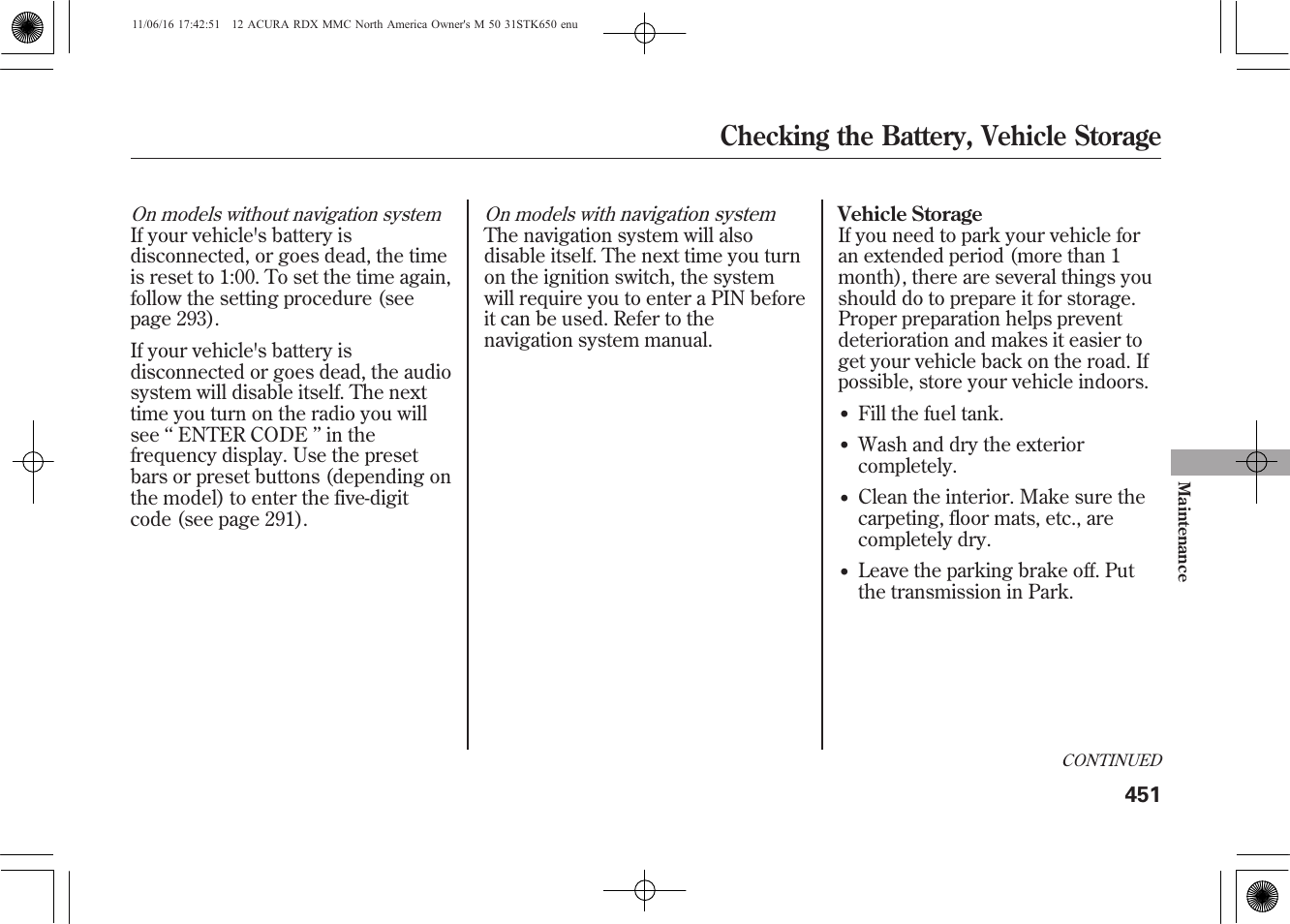 Checking the battery, vehicle storage | Acura 2012 RDX User Manual | Page 457 / 518
