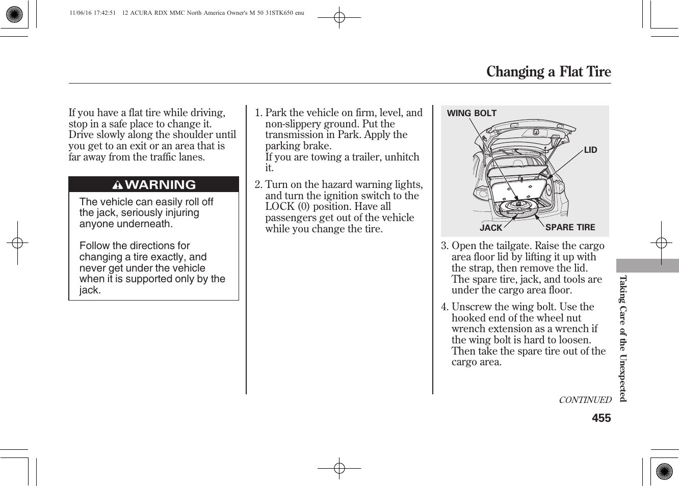 Changing a flat tire | Acura 2012 RDX User Manual | Page 461 / 518