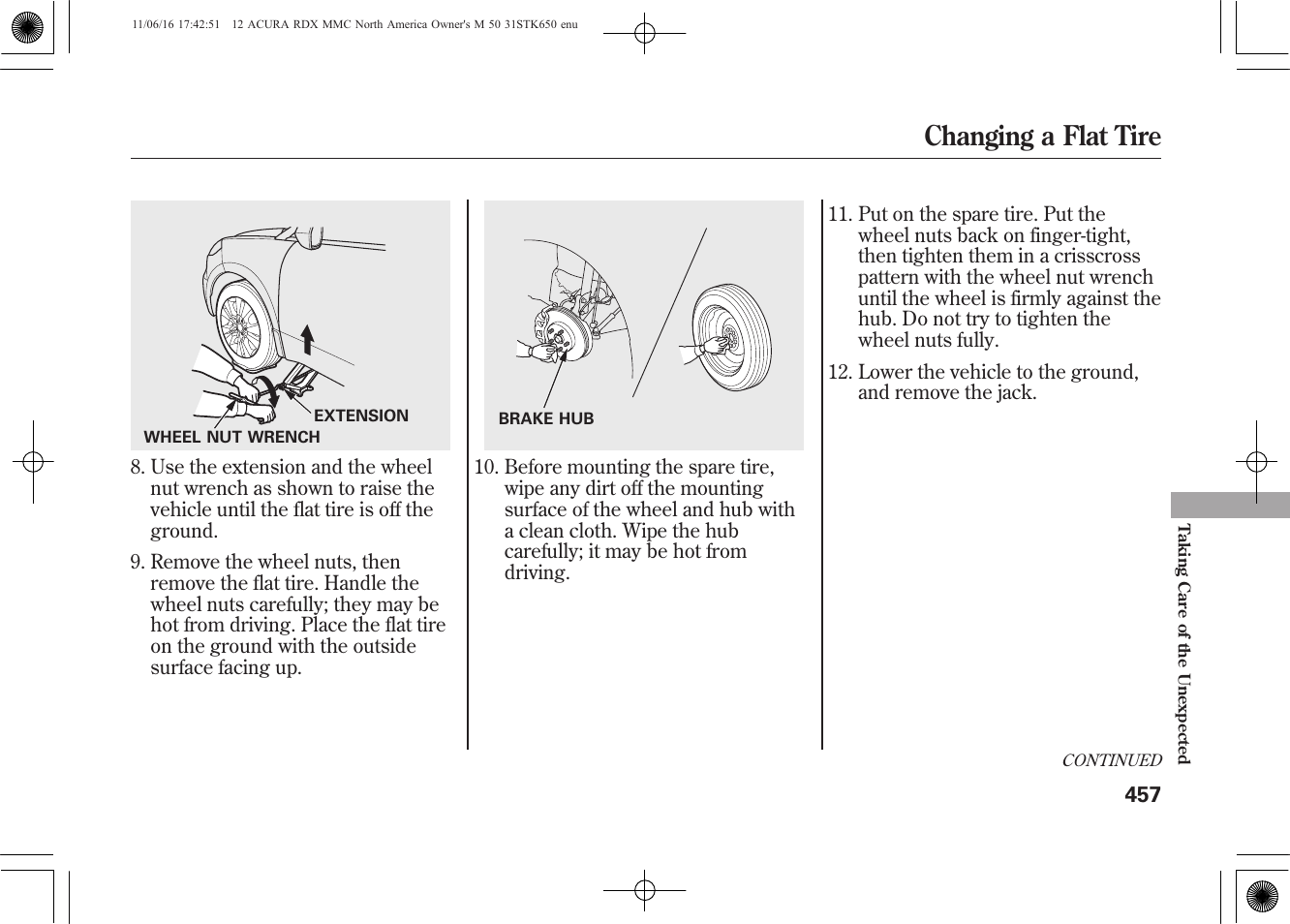 Changing a flat tire | Acura 2012 RDX User Manual | Page 463 / 518