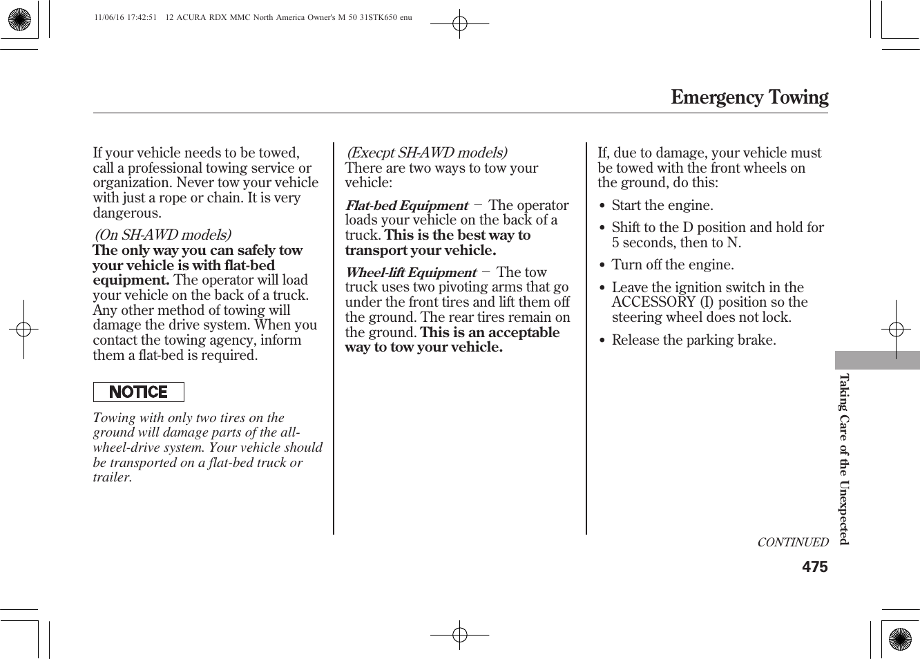 Emergency towing | Acura 2012 RDX User Manual | Page 481 / 518