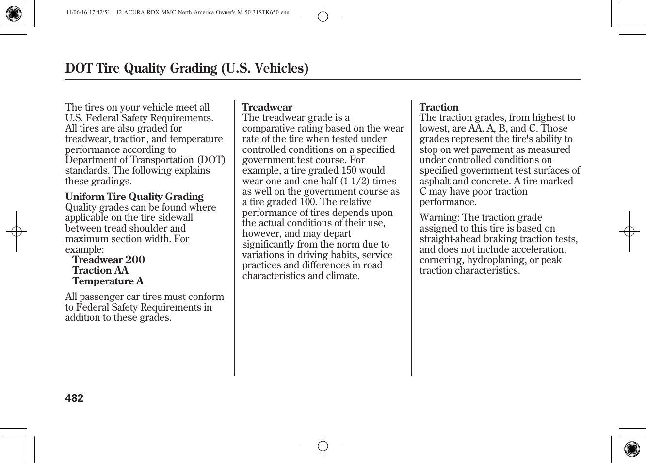 Dot tire quality grading (u.s. vehicles) | Acura 2012 RDX User Manual | Page 488 / 518