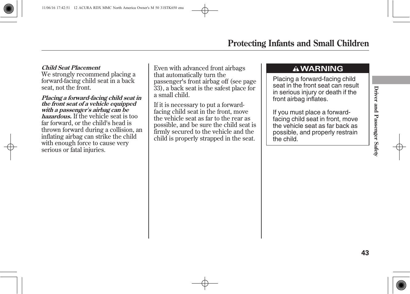 Protecting infants and small children | Acura 2012 RDX User Manual | Page 49 / 518