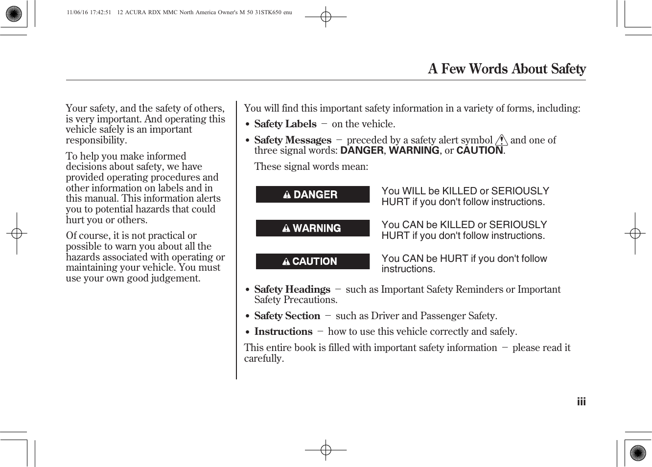 A few words about safety | Acura 2012 RDX User Manual | Page 5 / 518