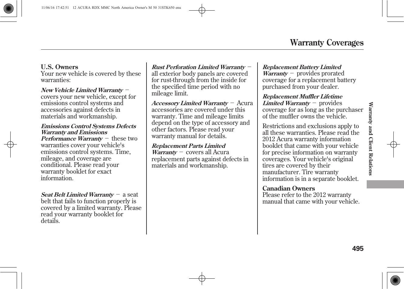 Warranty coverages | Acura 2012 RDX User Manual | Page 501 / 518