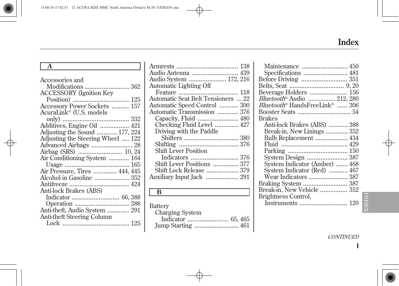 Index | Acura 2012 RDX User Manual | Page 505 / 518