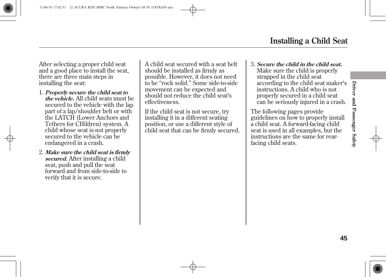 Installing a child seat | Acura 2012 RDX User Manual | Page 51 / 518