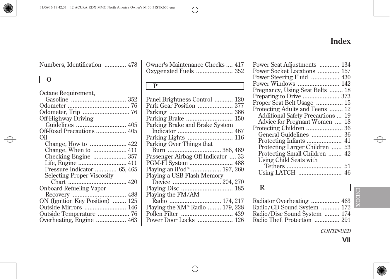 Index | Acura 2012 RDX User Manual | Page 511 / 518