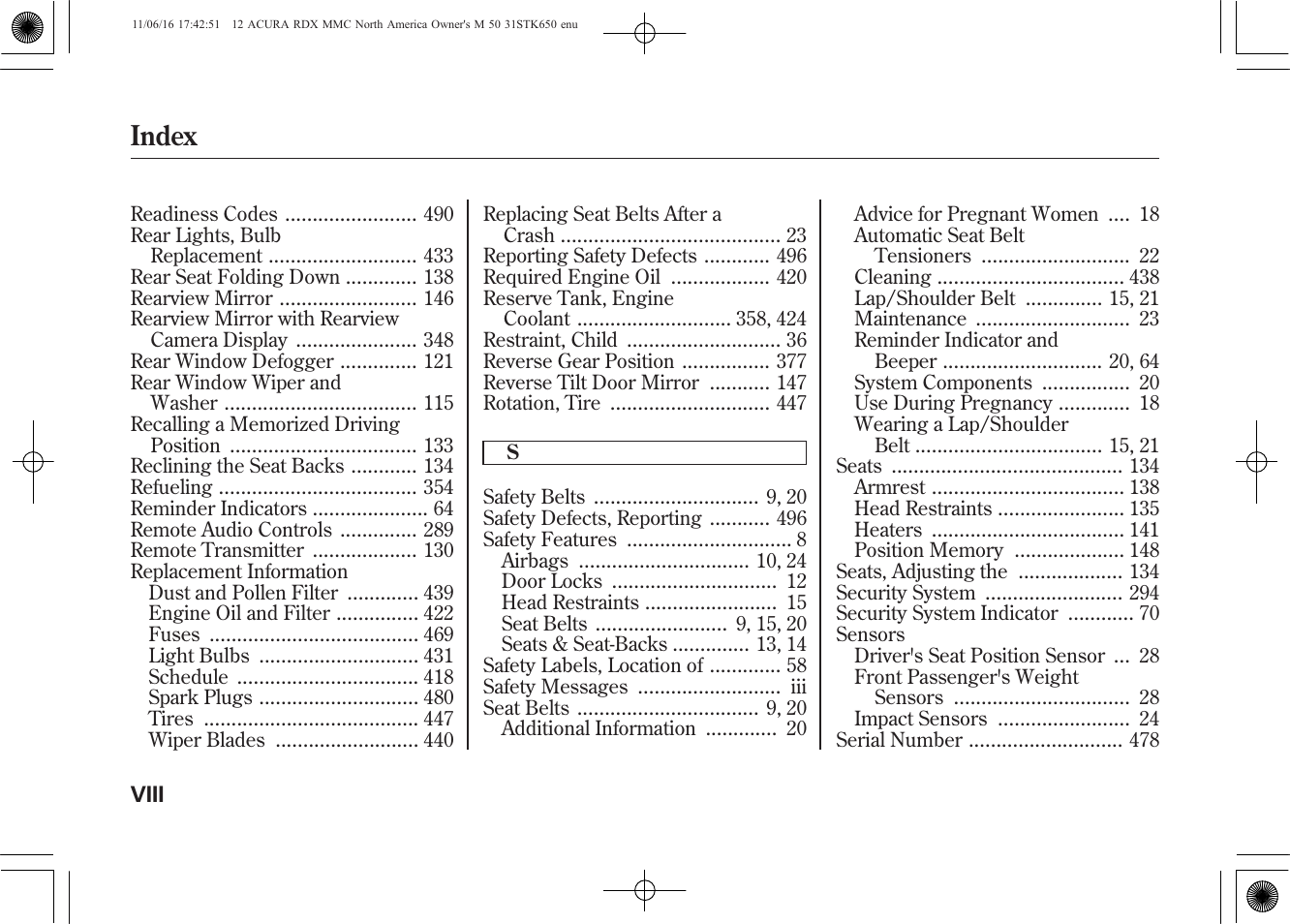 Index | Acura 2012 RDX User Manual | Page 512 / 518
