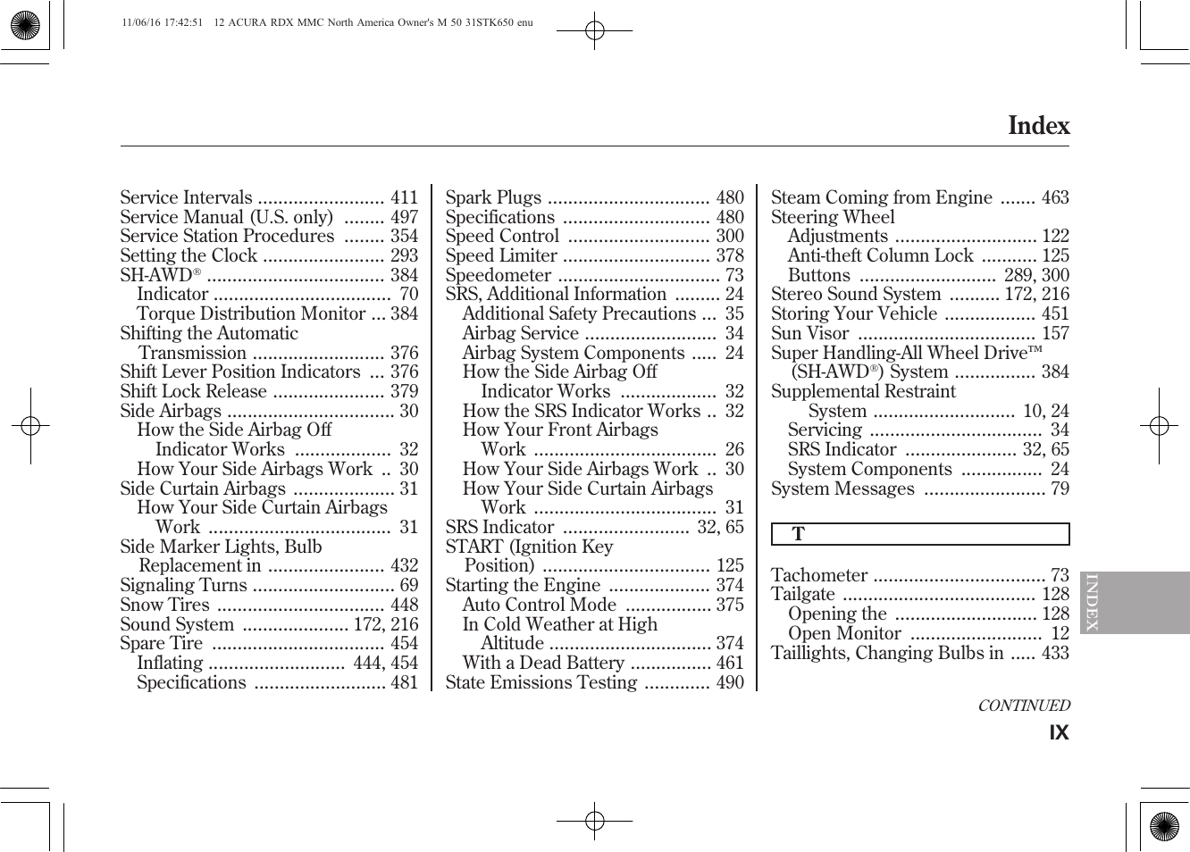 Index | Acura 2012 RDX User Manual | Page 513 / 518
