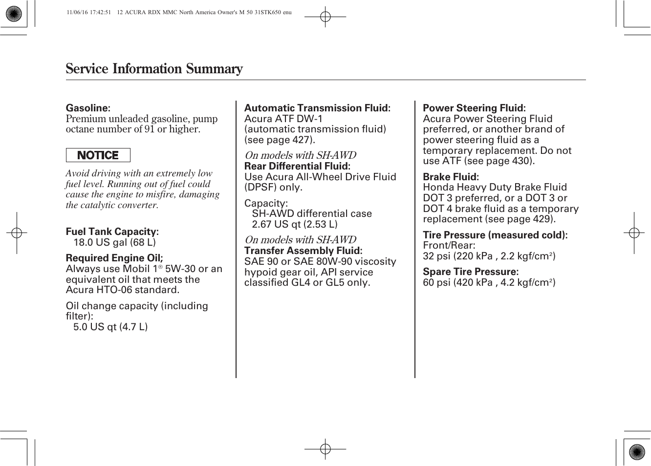 Service information summary | Acura 2012 RDX User Manual | Page 518 / 518