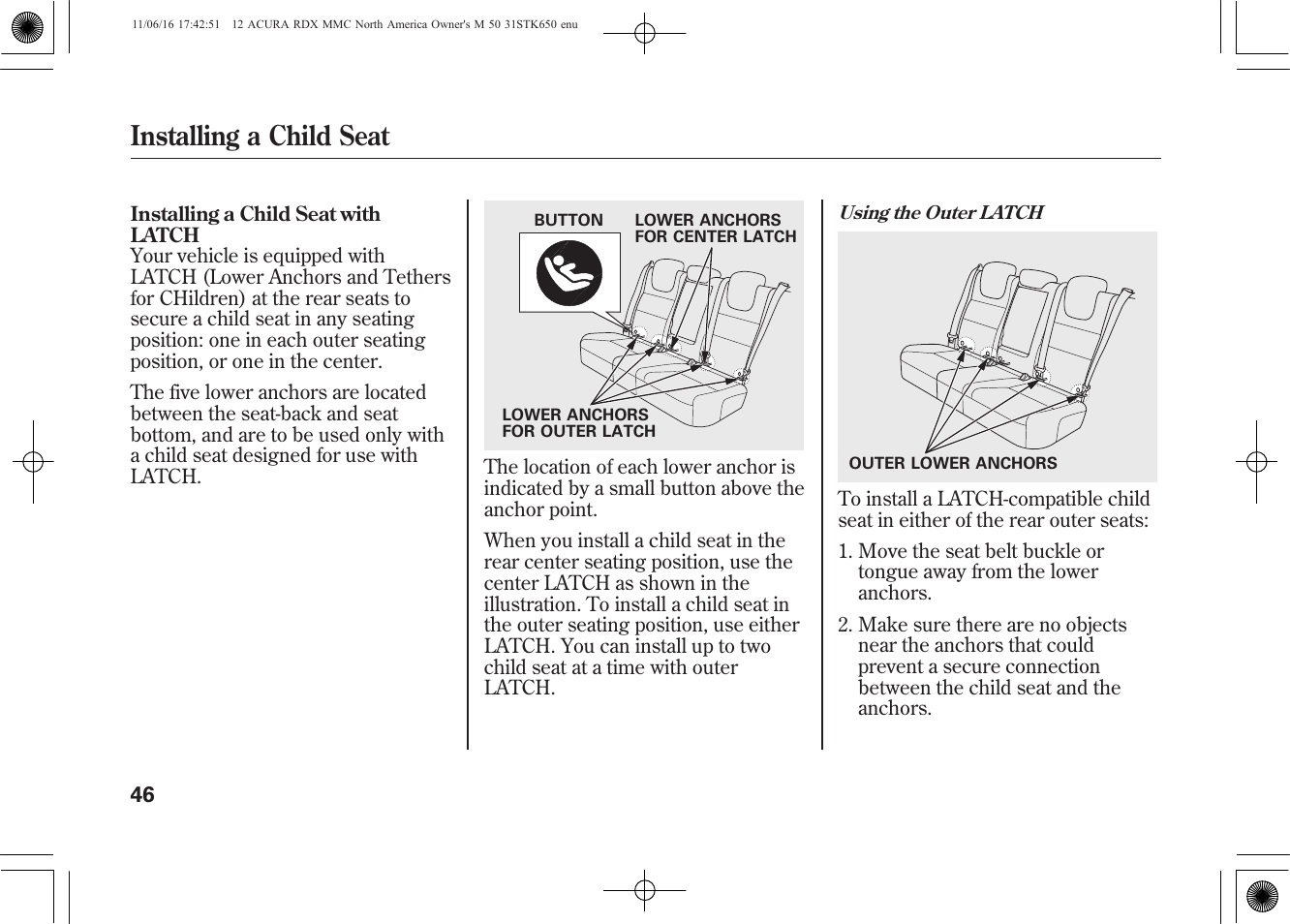 Installing a child seat | Acura 2012 RDX User Manual | Page 52 / 518