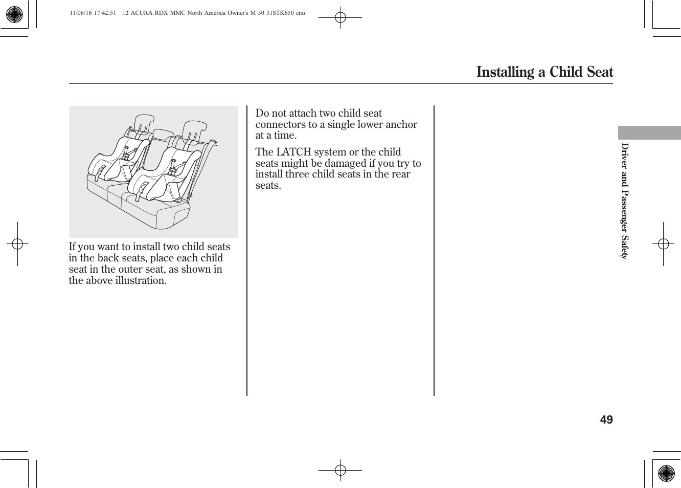 Installing a child seat | Acura 2012 RDX User Manual | Page 55 / 518