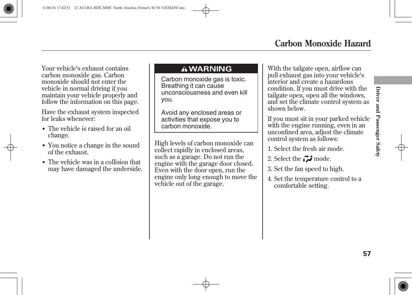 Carbon monoxide hazard | Acura 2012 RDX User Manual | Page 63 / 518