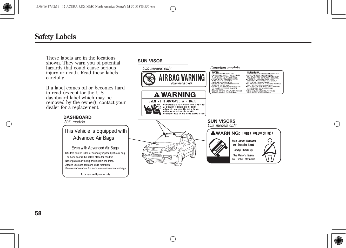Safety labels | Acura 2012 RDX User Manual | Page 64 / 518