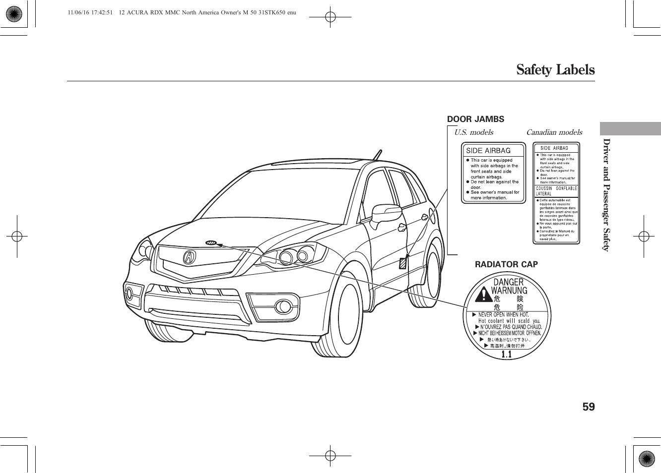 Safety labels | Acura 2012 RDX User Manual | Page 65 / 518