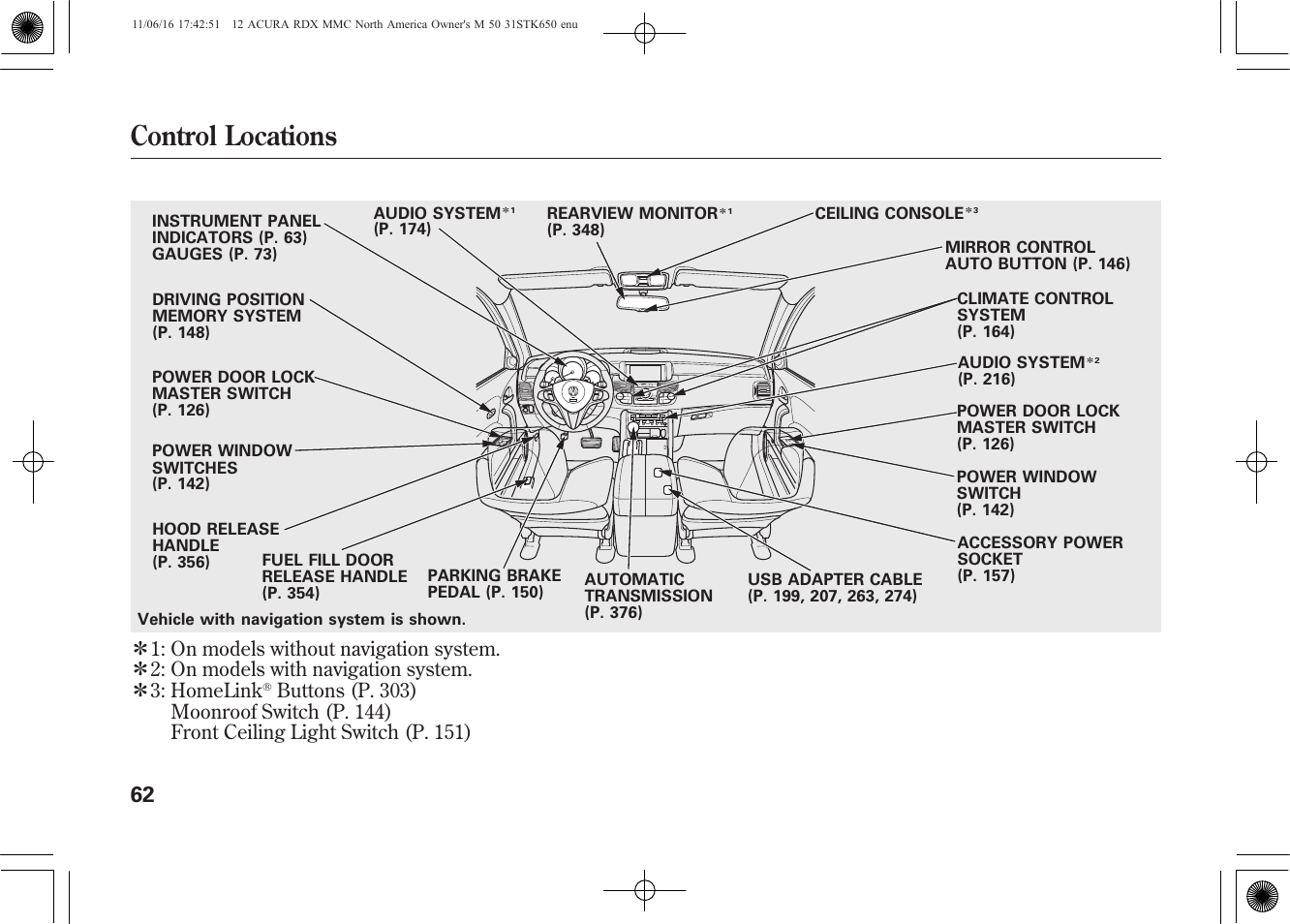 Control locations | Acura 2012 RDX User Manual | Page 68 / 518