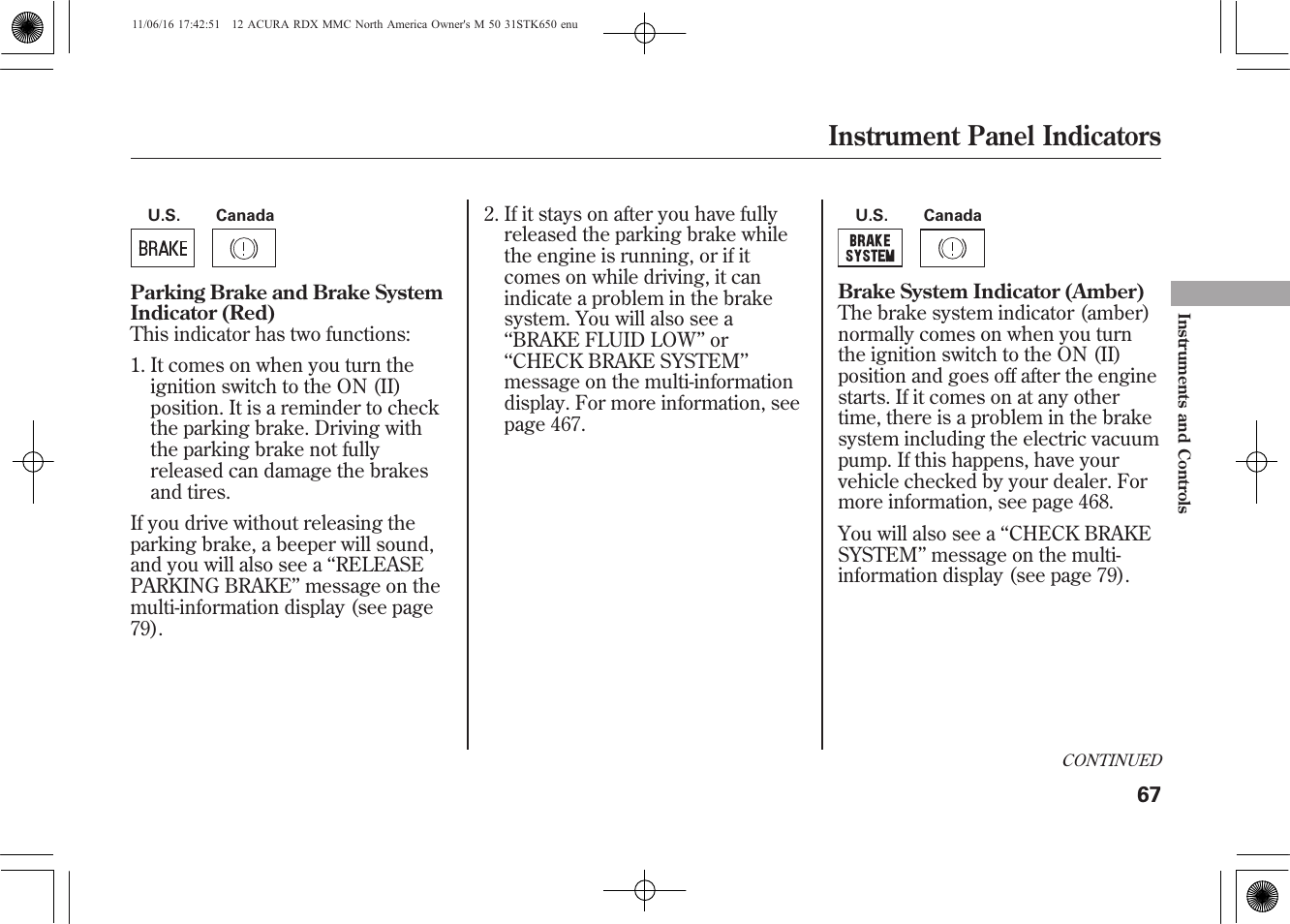 Instrument panel indicators | Acura 2012 RDX User Manual | Page 73 / 518