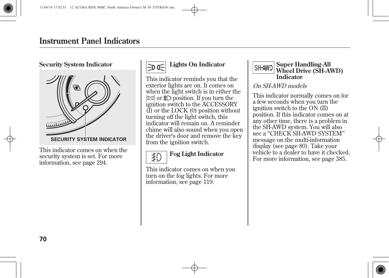 Instrument panel indicators | Acura 2012 RDX User Manual | Page 76 / 518