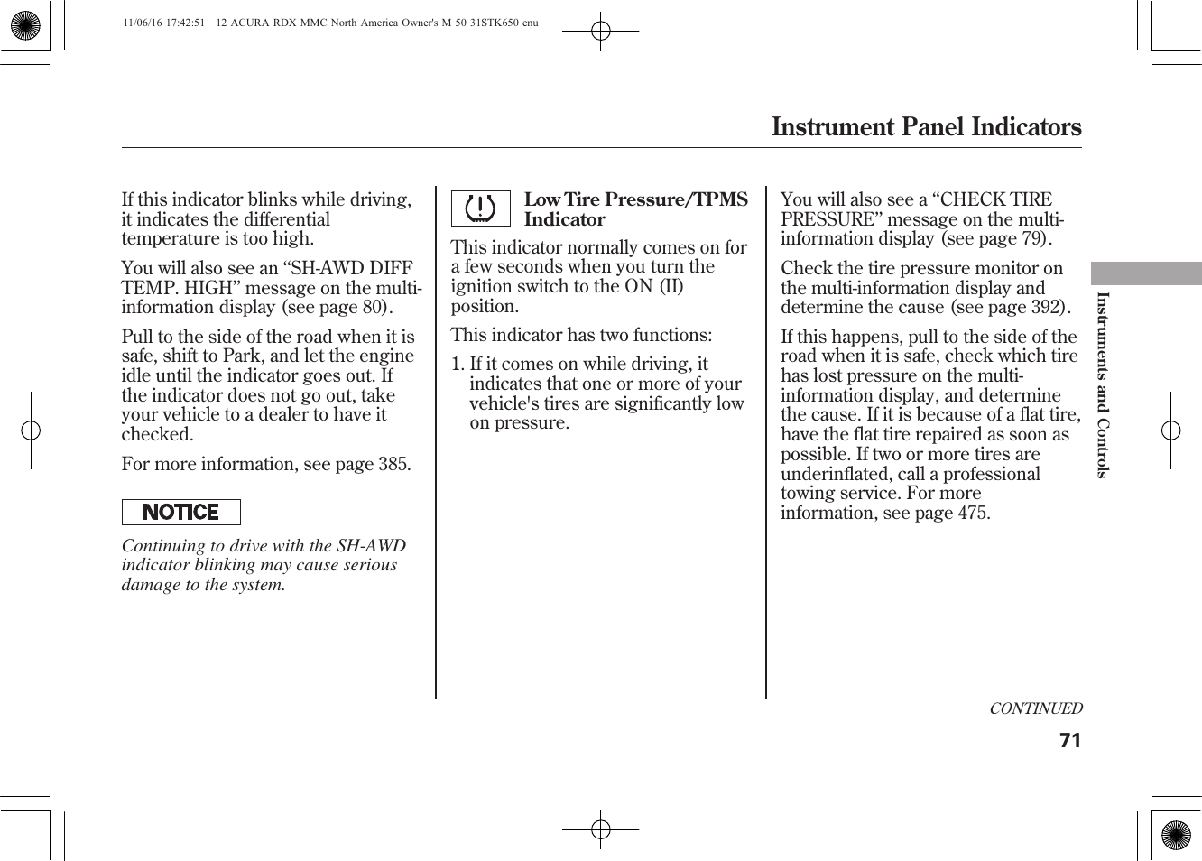Instrument panel indicators | Acura 2012 RDX User Manual | Page 77 / 518