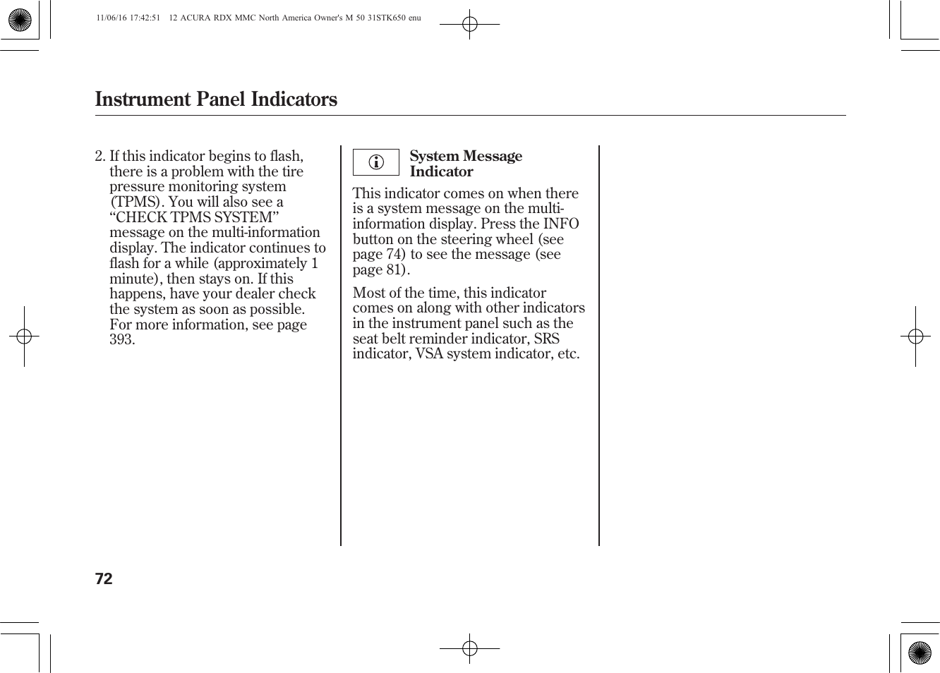 Instrument panel indicators | Acura 2012 RDX User Manual | Page 78 / 518
