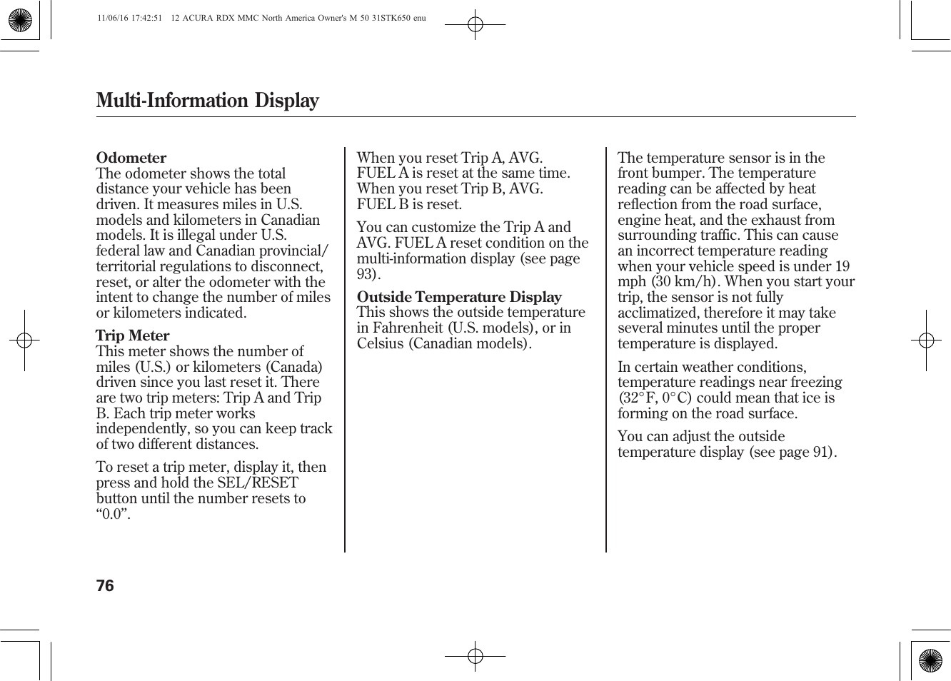 Multi-information display | Acura 2012 RDX User Manual | Page 82 / 518