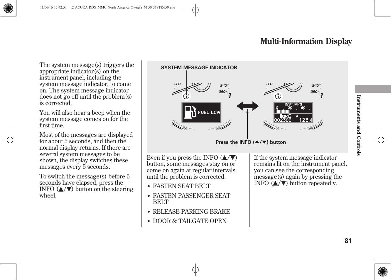Multi-information display | Acura 2012 RDX User Manual | Page 87 / 518