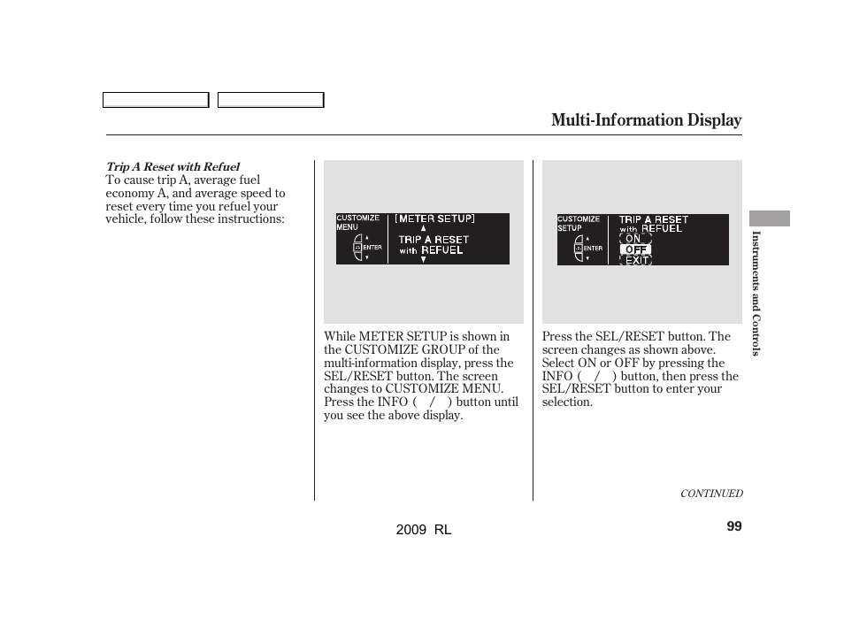 Multi-information display | Acura 2009 RL User Manual | Page 102 / 560