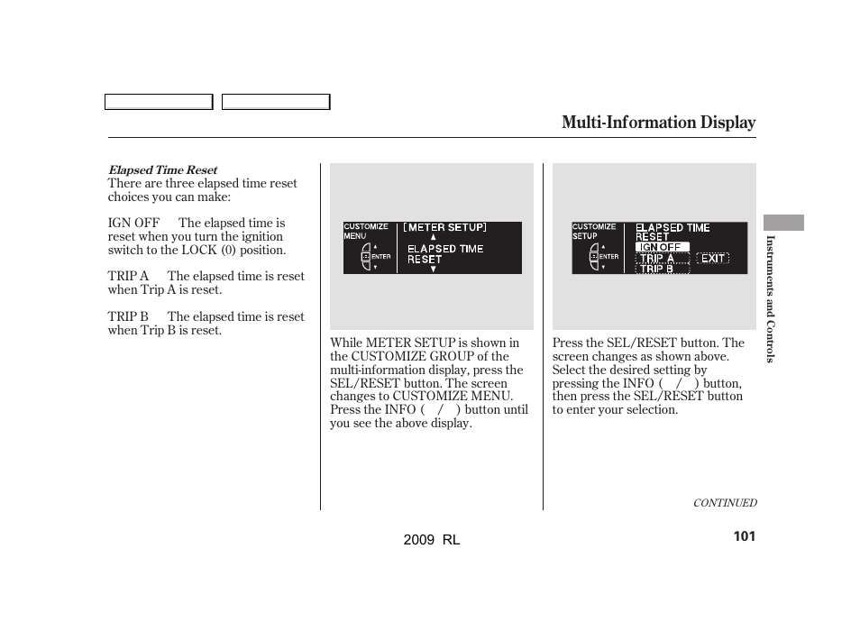 Multi-information display | Acura 2009 RL User Manual | Page 104 / 560